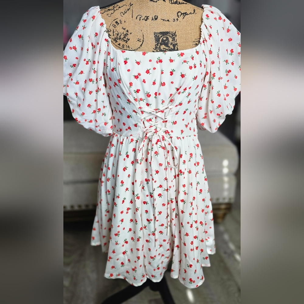 Floral White and Red Dress